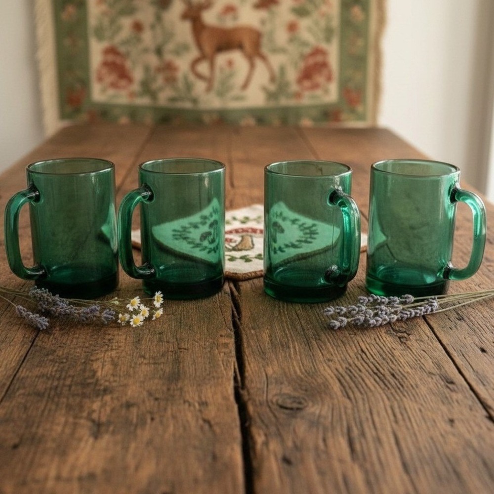 Vintage Libbey Juniper Green Glass Coffee Mug Tea Cup Gold Rim Flat Bottom Set 4